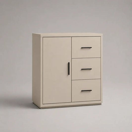 Rechteckiges Sideboard aus melaminharzbeschichteter Spanplatte mit 1 Tür und 3 Schubladen, Beige/Schwarz, 80 x 40 x 100 cm