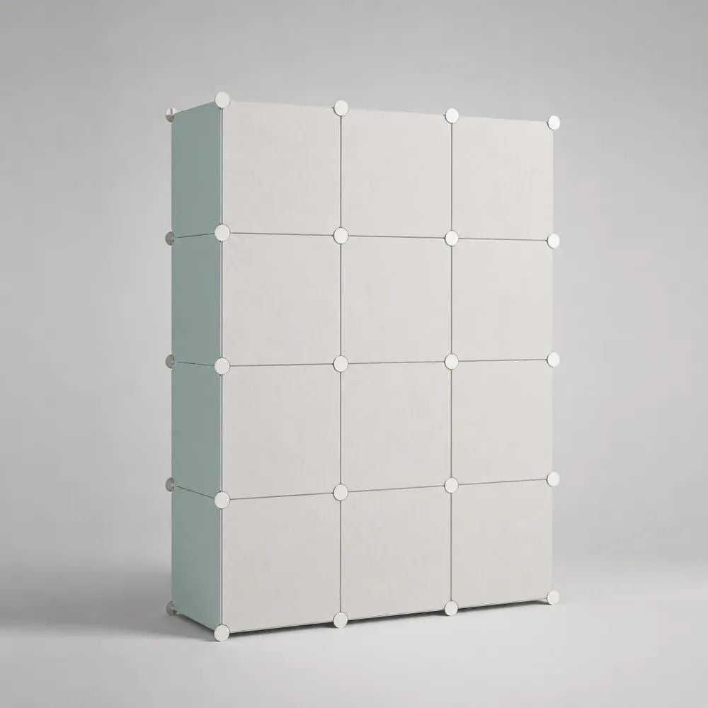 Modularer Schuhschrank mit 12 Fächern aus Kunststoff und Stahldraht, Weiß/Mintgrün, 90 × 30 × 120 cm