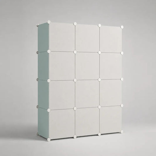 Modularer Schuhschrank mit 12 Fächern aus Kunststoff und Stahldraht, Weiß/Mintgrün, 90 × 30 × 120 cm